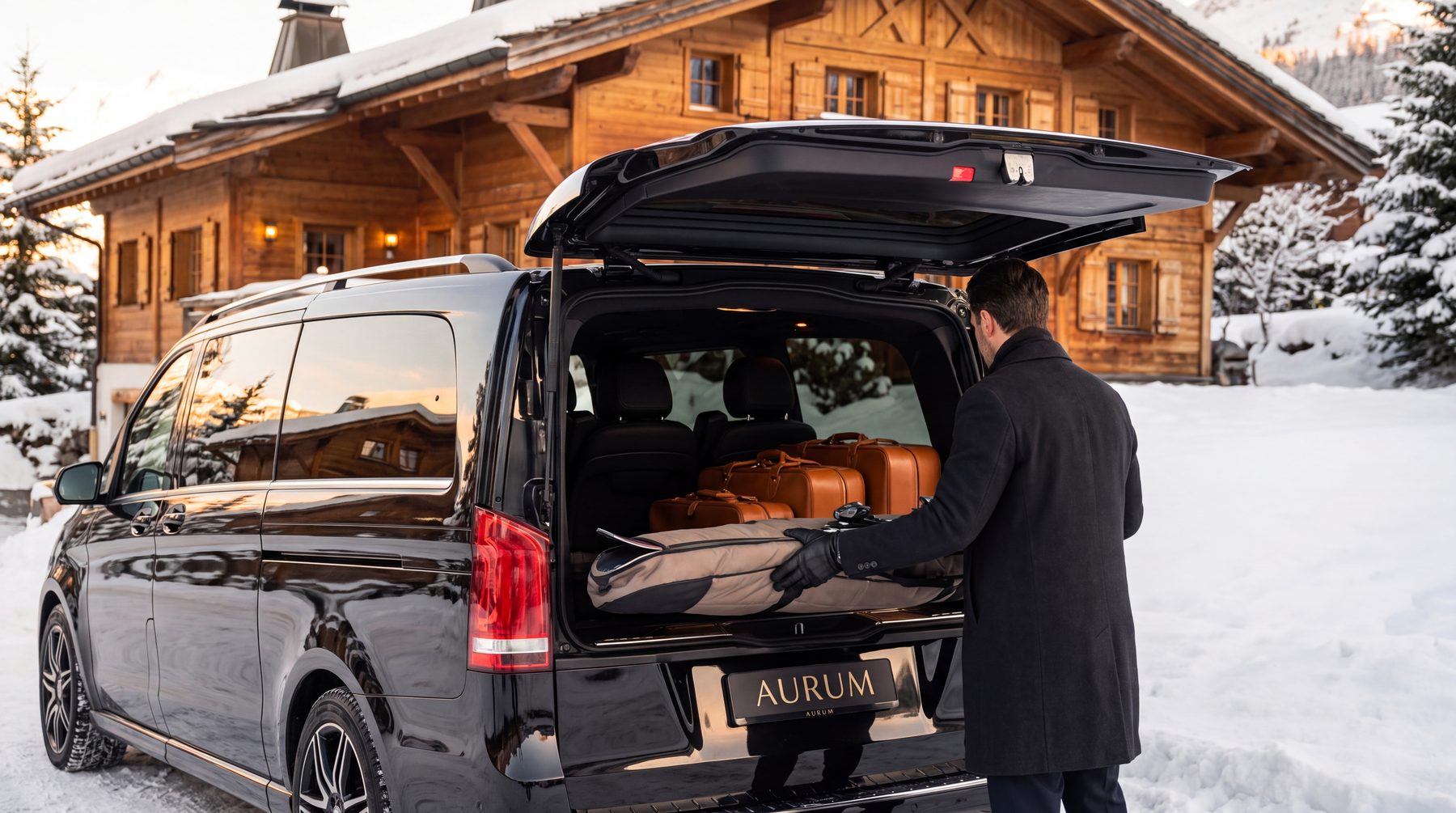 Chauffeur AURUM chargeant des skis et des bagages dans une Classe V devant un chalet