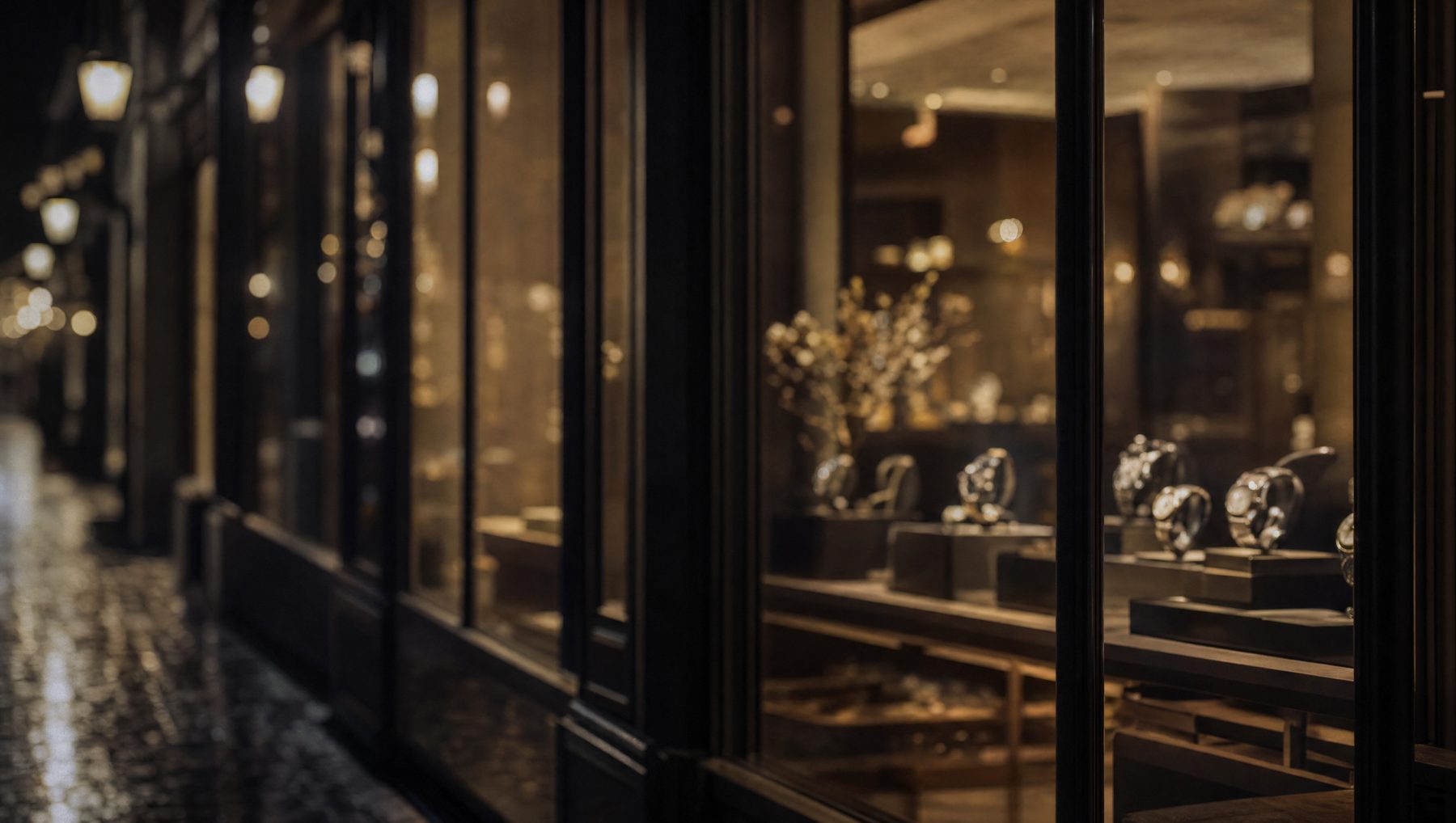 Vitrine horlogère éclairée à la nuit tombée