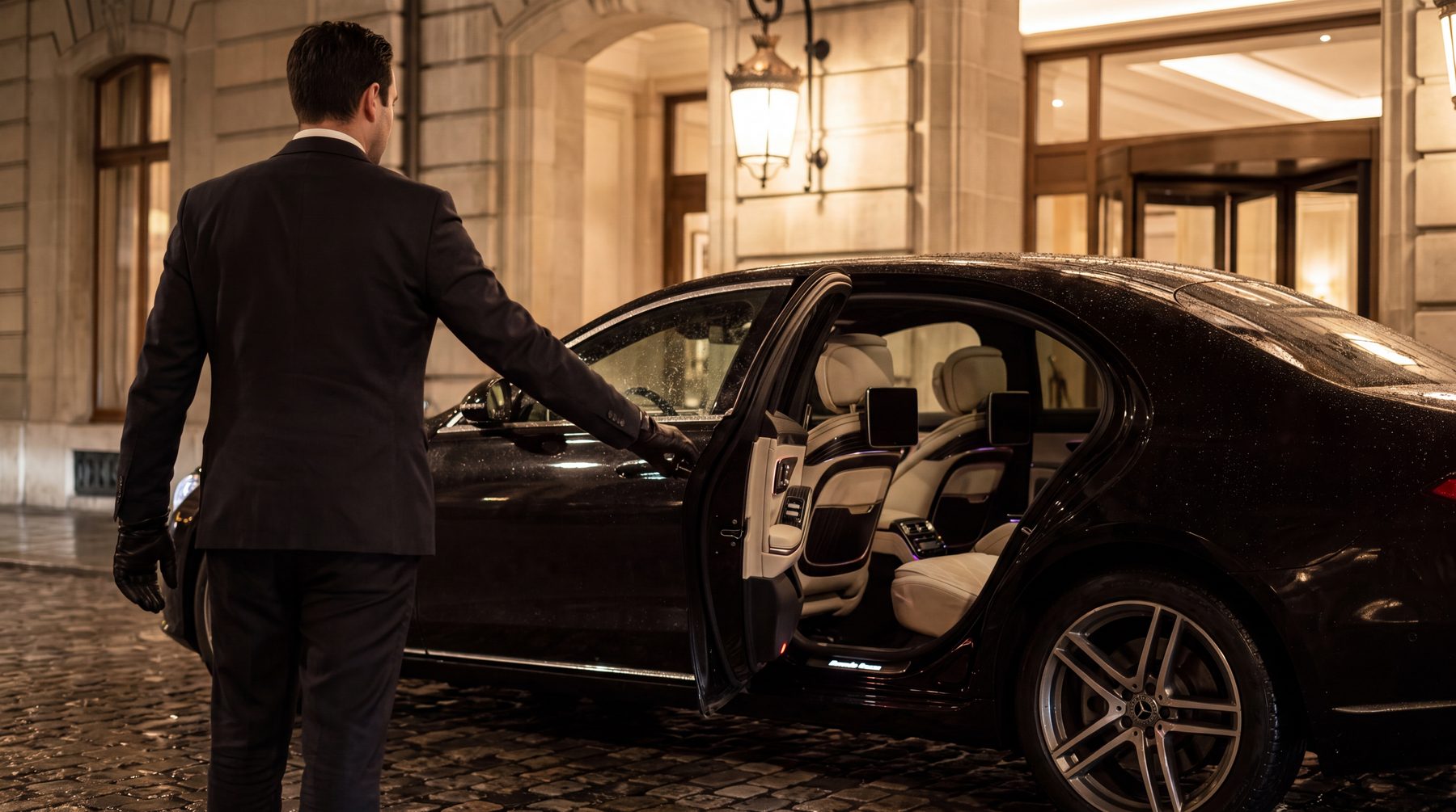 Chauffeur AURUM ouvrant la portière d'une Classe S devant un palace genevois