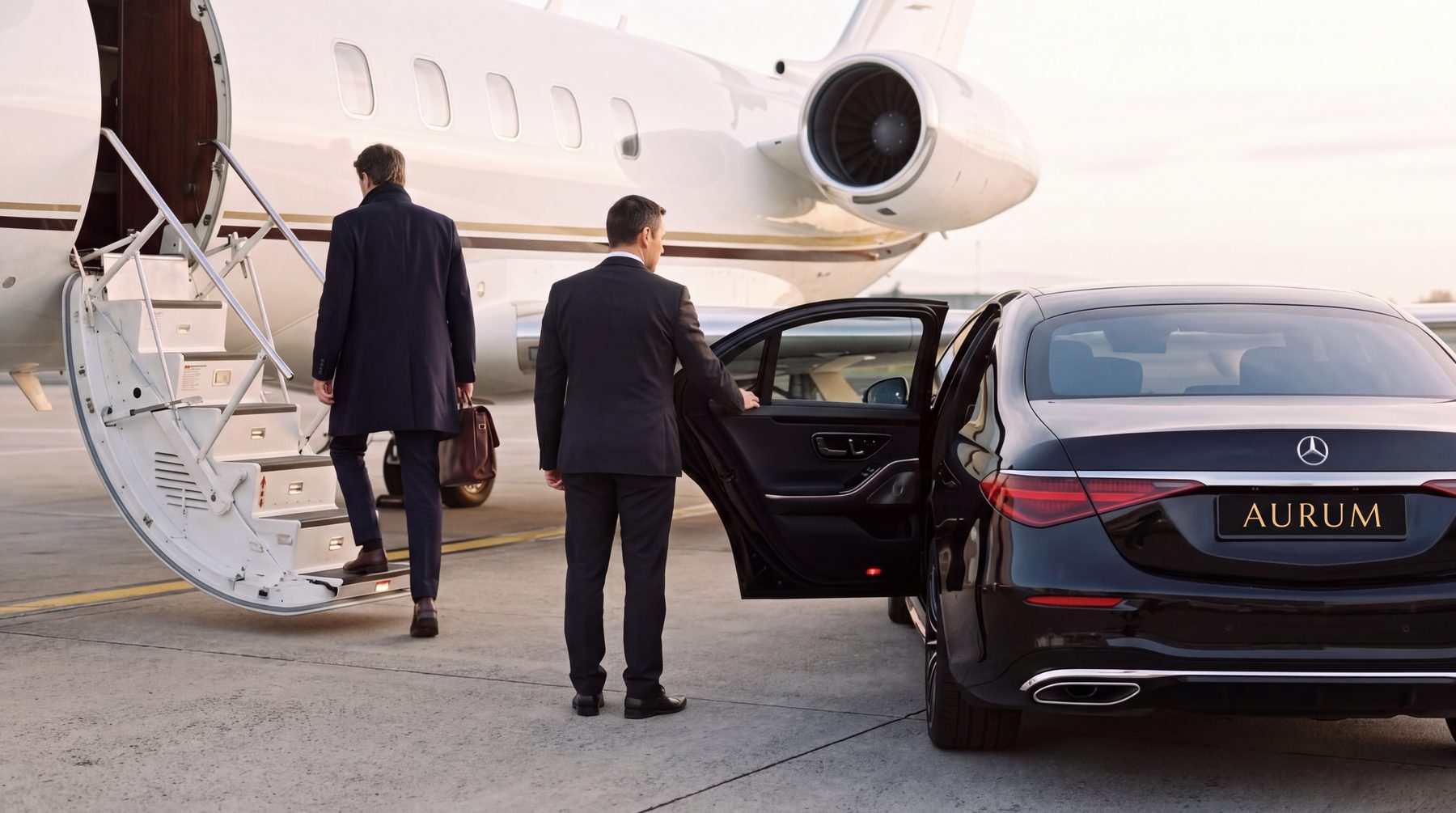 Chauffeur AURUM accueillant un passager au pied d'un jet privé à Genève