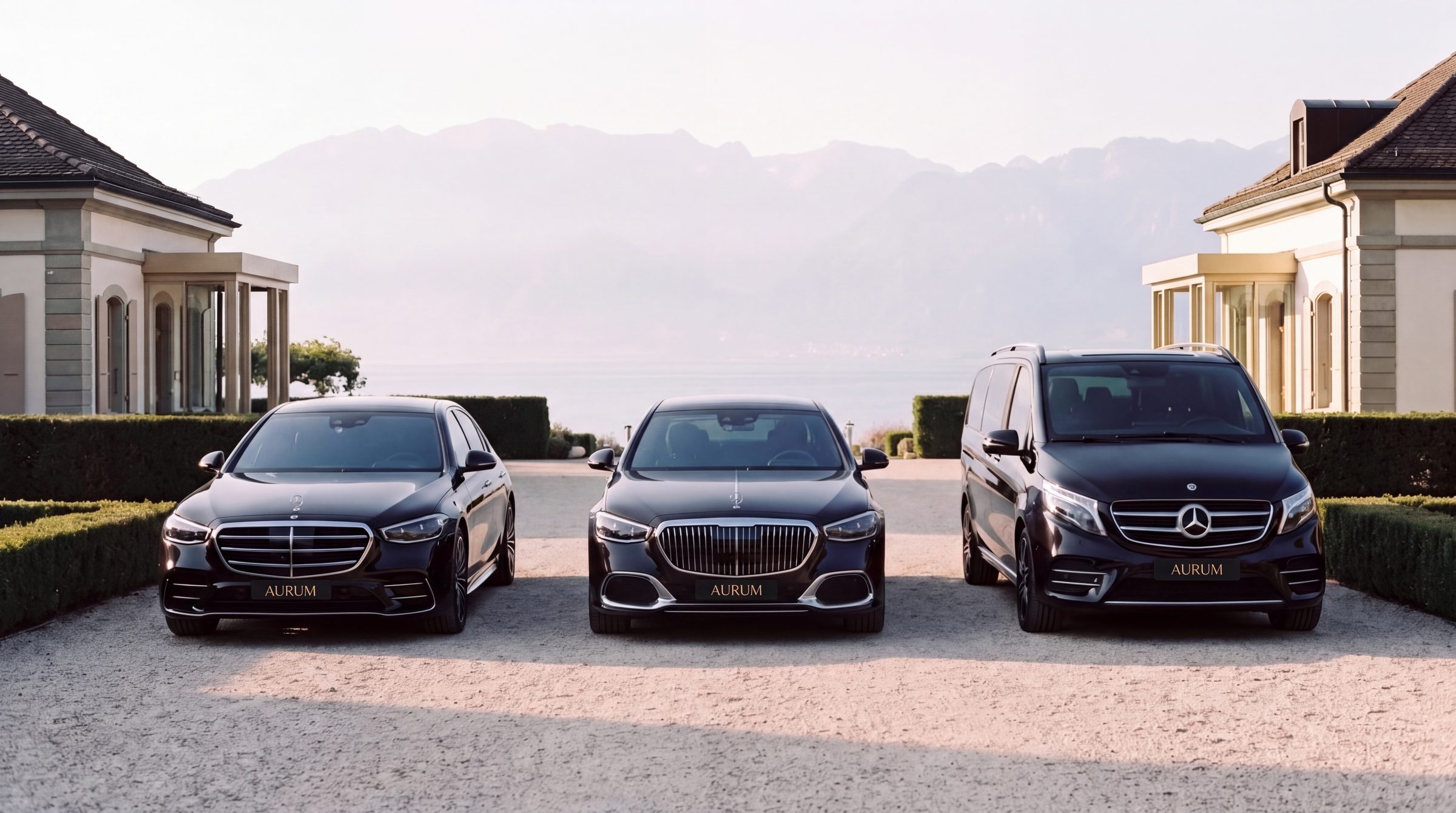 La flotte AURUM (Classe S, Maybach, Classe V) dans la cour d'une villa au bord du Léman