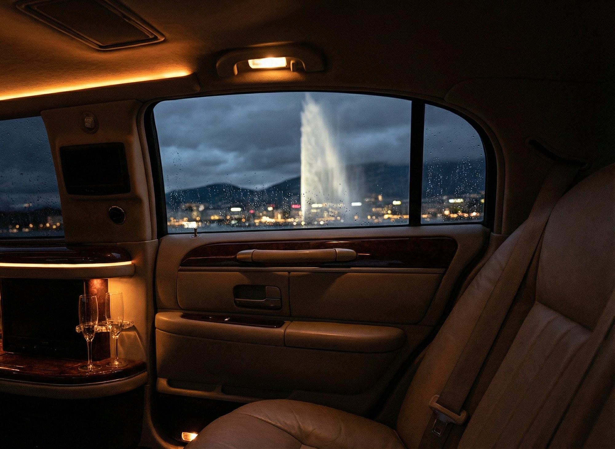 Intérieur d'une voiture privée AURUM avec vue sur le Jet d'Eau de Genève la nuit