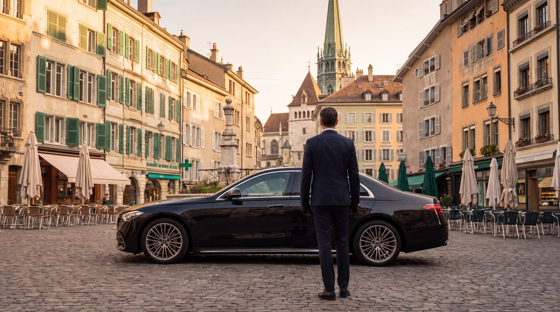 Chauffeur AURUM devant une Mercedes Classe S sur la place du Bourg-de-Four, au pied de la cathédrale Saint-Pierre, dans la vieille ville de Genève